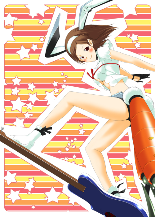 daicon bunny girl, tsukishiro mina, daicon, daicon iv, densha otoko, getsumento heiki miina, 00s, 1girl, animal ears, blush, breasts, brown hair, carrot, electric guitar, female focus, gloves, guitar, hairband, happy, instrument, looking at viewer, midriff, rabbit ears, red eyes, short hair, small breasts, smile, solo, tail, underboob