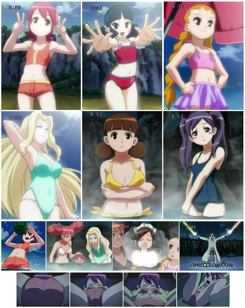 anetta (mega man), jasmine (mega man), mayl sakurai (mega man), mr. famous (mega man), ms. madd (mega man), ms. mari (mega man), princess pride (mega man), shuko kido (mega man), yai ayanokoji (mega man), capcom, mega man (series), mega man battle network, mega man battle network (series), breast hold, anime screenshot, 00s, 2boys, 6+girls, ass, ball, beachball, bikini, black hair, blonde hair, blush, braid, breasts, brown hair, cleavage, clock, clockshow, collage, crossed arms, double v, everyone, fireworks, hands on own hips, large breasts, loli, long hair, maid headdress, medium breasts, midriff, multiple boys, multiple girls, navel, one-piece swimsuit, pink hair, purple hair, school swimsuit, small breasts, swimsuit, tankini, twin braids, twintails, v