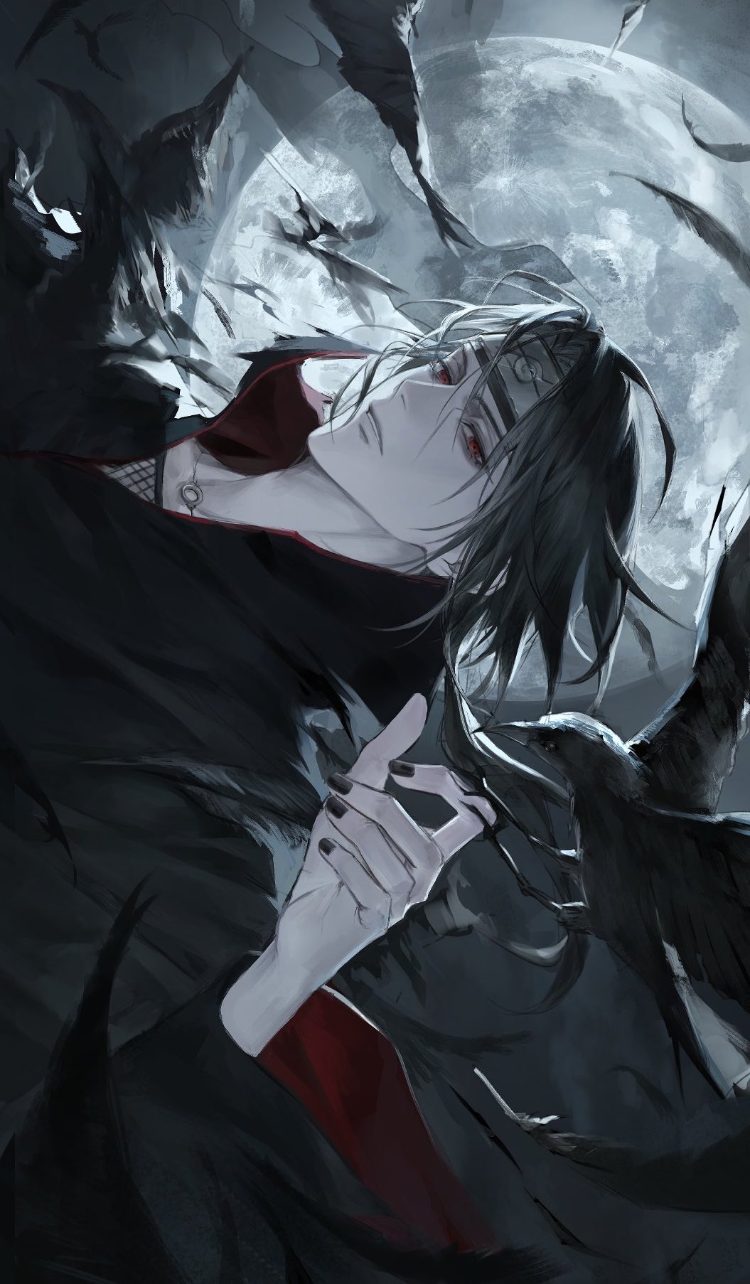chhiii o o, uchiha itachi, naruto (series), naruto shippuuden, highres, 1boy, akatsuki uniform, bird, black hair, black nails, crow, forehead protector, full moon, konohagakure symbol, looking at viewer, male focus, moon, nail polish, nose, red eyes, sharingan, short hair, solo, teeth, upper body