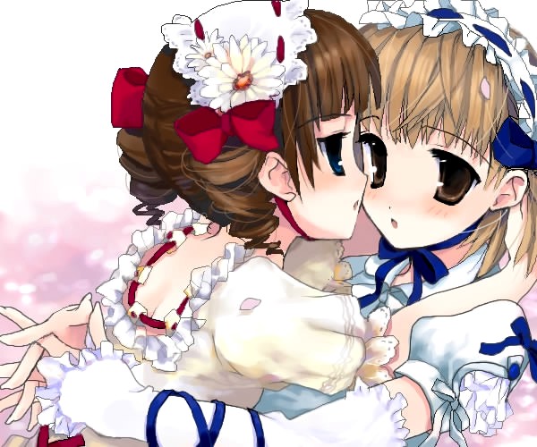 fukuzawa yumi, matsudaira touko, maria-sama ga miteru, 00s, 2girls, blue eyes, bow, brown eyes, brown hair, chin strap, couple, drill hair, eye contact, female focus, flower, frills, gothic lolita, hair bow, hair flower, hair ornament, hairband, interlocked fingers, lolita fashion, lolita hairband, looking at another, multiple girls, open mouth, petals, puffy short sleeves, puffy sleeves, short sleeves, twin drills, yuri