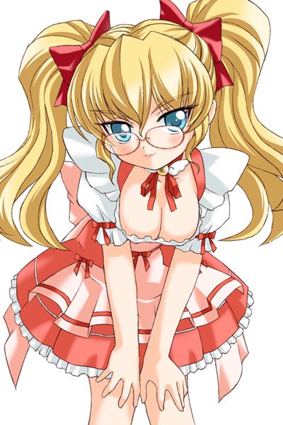 daikuuji ayu, kimi ga nozomu eien, 00s, 1girl, blonde hair, breasts, cleavage, detached collar, female focus, glasses, head tilt, round eyewear, solo, waitress, white background