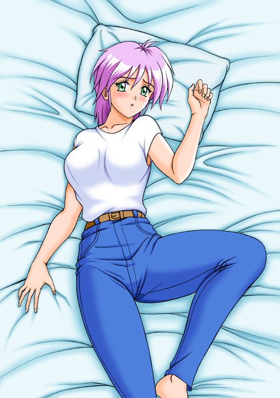 kitamura (bamboo), yae kaori, konami, tokimeki memorial, tokimeki memorial 2, 1girl, barefoot, bed, belt, blush, breasts, denim, female focus, green eyes, head on pillow, jeans, large breasts, lying, open mouth, pants, pillow, pink hair, short hair, solo