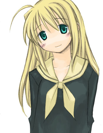 artoria pendragon (fate), saber (fate), toudou shimako, fate/stay night, fate (series), maria-sama ga miteru, lowres, 1girl, ahoge, alternate costume, blonde hair, blue eyes, blush, crossover, female focus, hair down, head tilt, long hair, parody, school uniform, simple background, smile, solo, white background