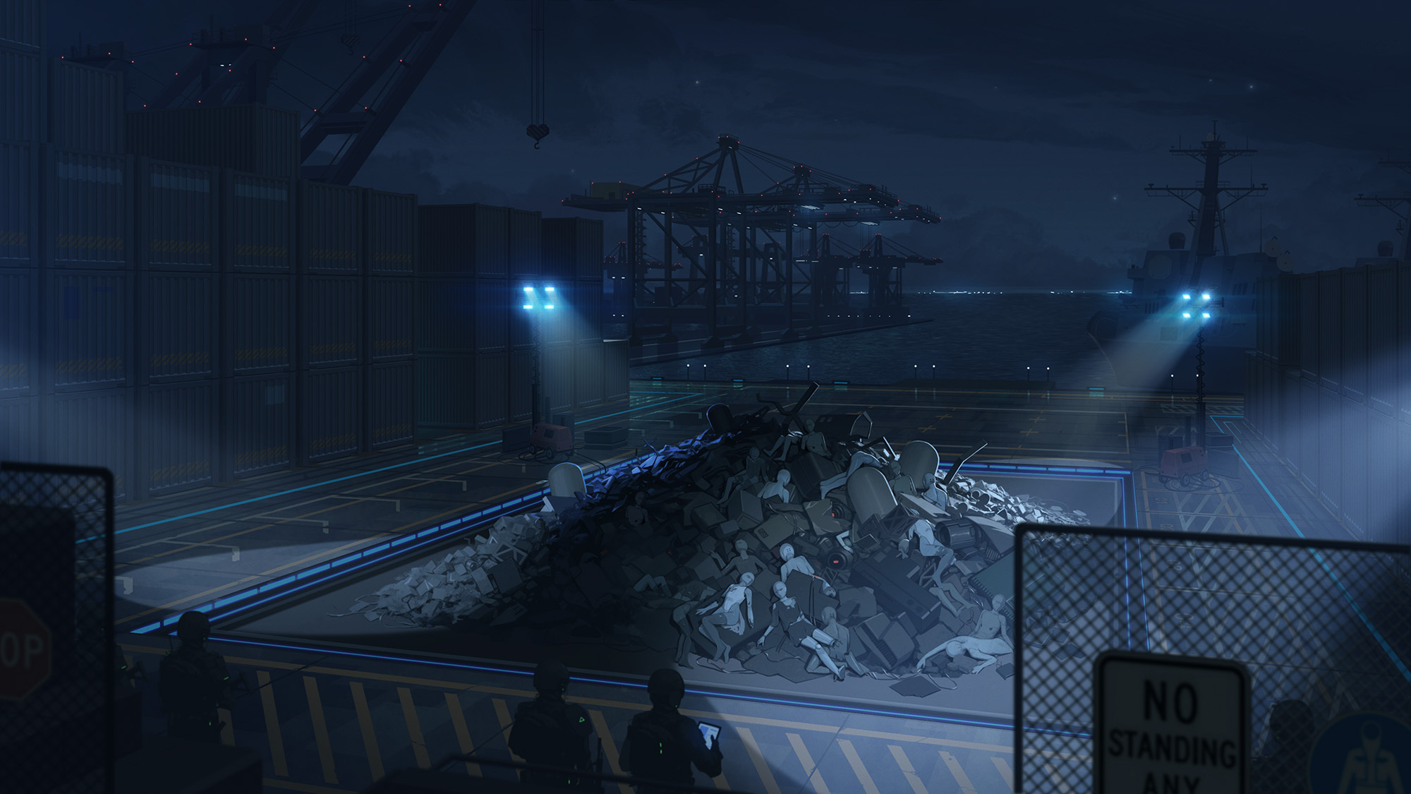 mangshuo, black surge night, chinese commentary, highres, official art, 3others, broken, chain-link fence, crane (machine), crate, fence, floodlights, helmet, holding, holding tablet pc, humanoid robot, machinery, multiple others, night, outdoors, pile, pile of trash, port, railing, river, robot, scenery, ship, tablet pc, watercraft