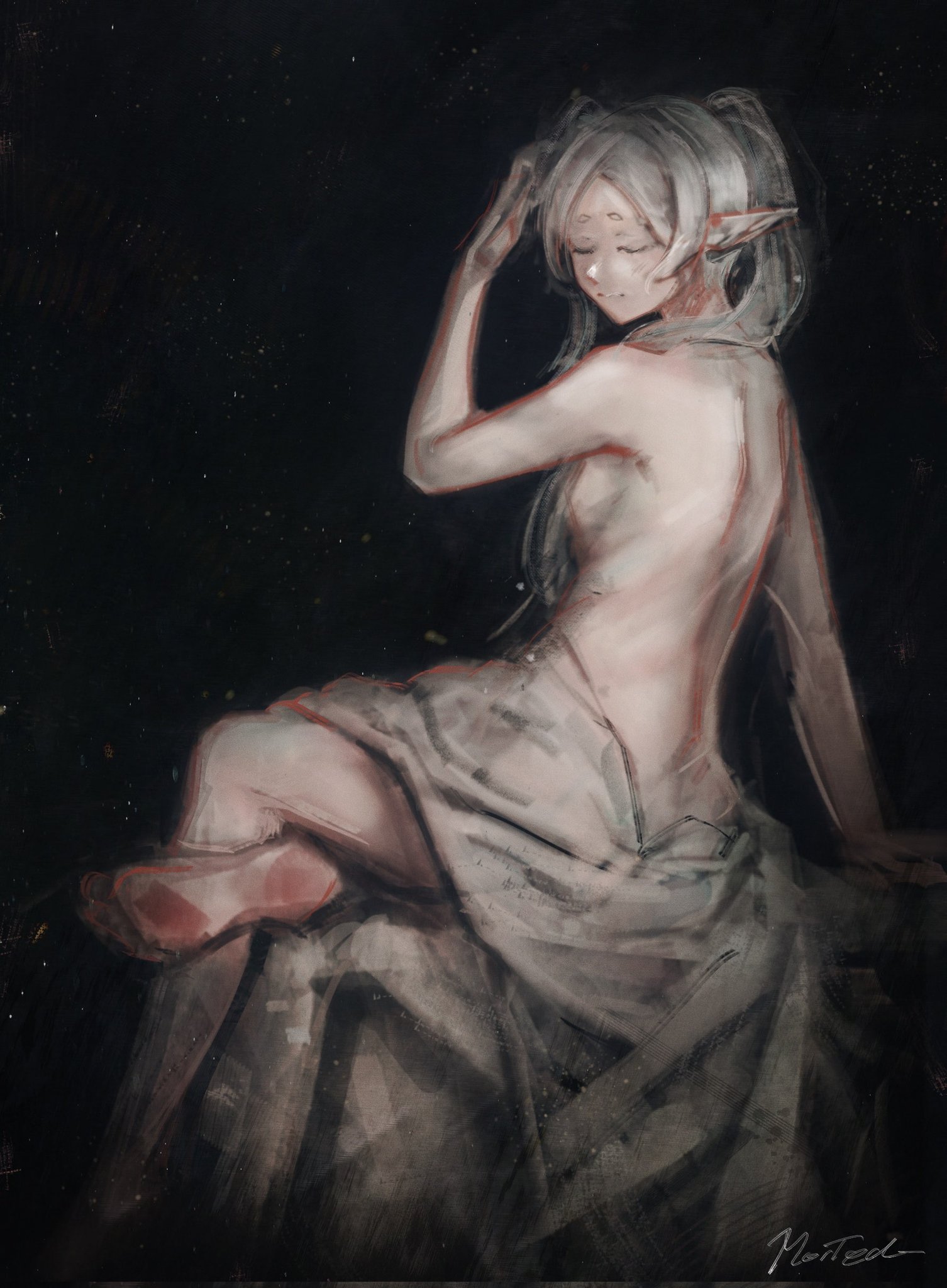 frieren, sousou no frieren, commentary, highres, 1girl, arm support, back, bare back, barefoot, breasts, closed eyes, closed mouth, crossed legs, elf, feet, from behind, hand up, long hair, morted art, nude, painterly, pointy ears, shoulder blades, sideboob, signature, sitting, small breasts, solo, twintails, under covers, white hair
