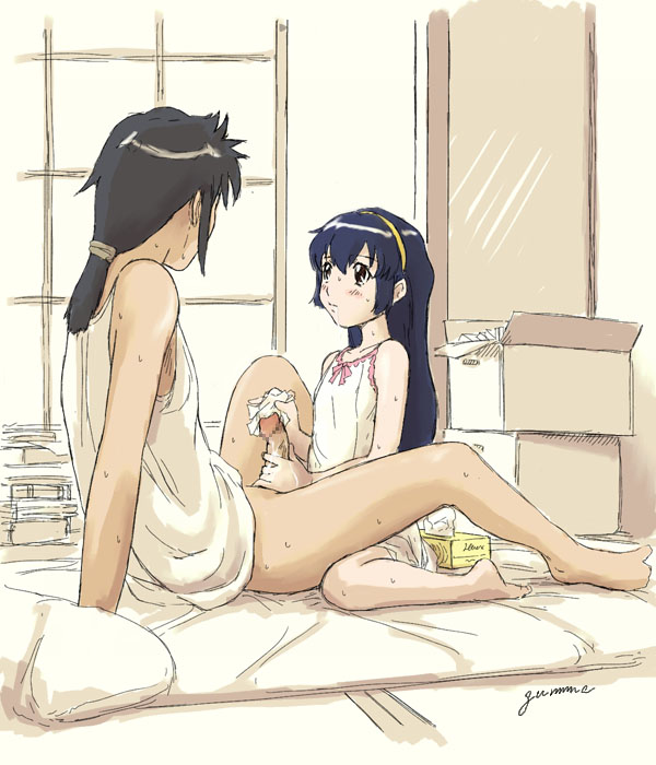kisaragi gunma, amano misao, amano misao (battle programmer shirase), shirase akira, battle programmer shirase, 00s, 1boy, 1girl, after fellatio, age difference, barefoot, blue hair, blush, censored, cum, feet, handjob, hetero, implied fellatio, indoors, loli, masturbation, mattress, mosaic censoring, penis, sweat, tissue, toes