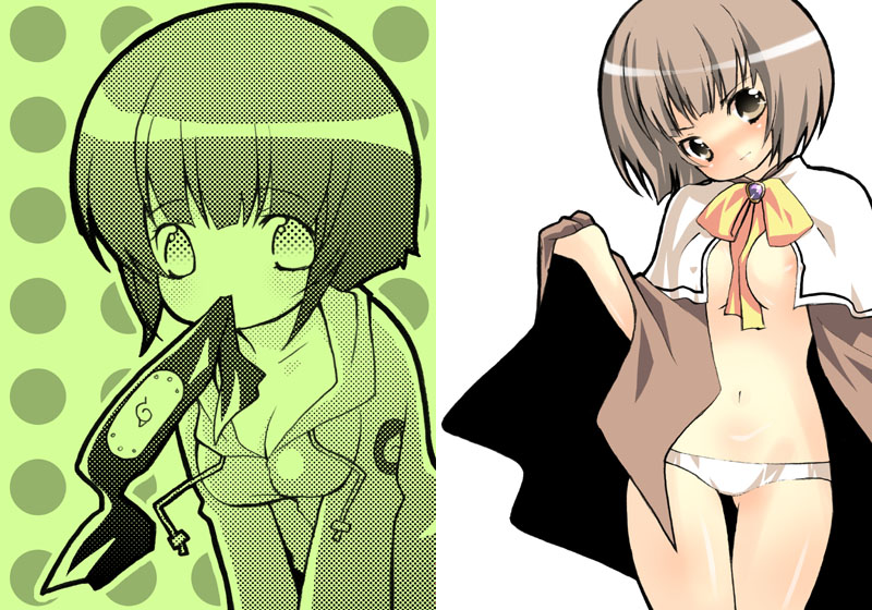 suzuki kokono, hyuuga hinata, naruto (classic), naruto (series), 1girl, blush, bob cut, bow, breasts, brooch, brown eyes, brown hair, cape, cosplay, cowboy shot, female focus, flat chest, jewelry, lowleg, lowleg panties, mouth hold, multiple views, navel, nipples, panties, standing, thigh gap, thighs, underwear, upper body, white panties