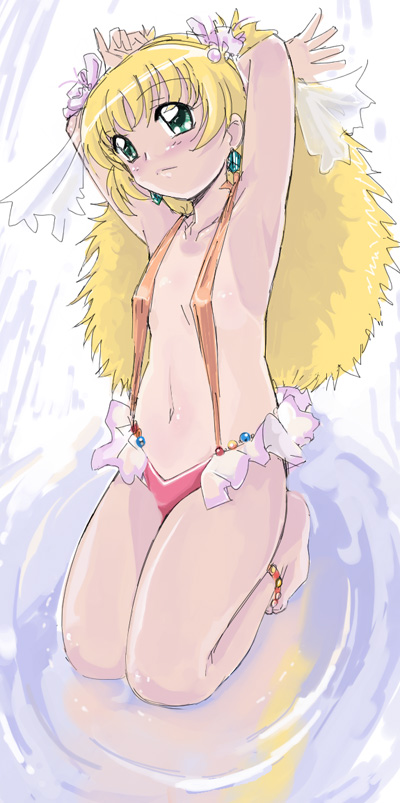 demag, altessa, fushigiboshi no futago hime, 00s, 1girl, arms behind head, bikini, blonde hair, female focus, flat chest, kneeling, loli, one-piece tan, pinky out, ripples, slingshot swimsuit, solo, swimsuit, tan, tanline, water