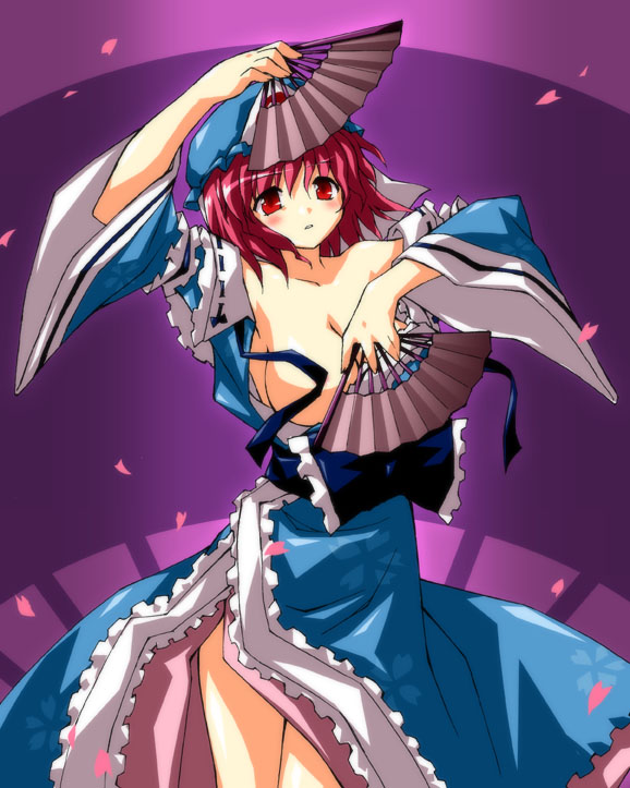 petenshi (dr. vermilion), saigyouji yuyuko, touhou, 1girl, blue hat, breasts, dress, dual wielding, female focus, folding fan, gradient background, hand fan, hat, holding, japanese clothes, large breasts, mob cap, pink hair, red eyes, short hair, solo, wardrobe malfunction
