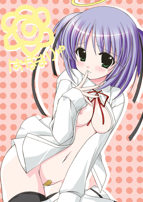 choco chip, mitsukai dokuro, bokusatsu tenshi dokuro-chan, 00s, 1girl, bandaid, bandaid on pussy, black thighhighs, blue hair, blush, bottomless, breasts, female focus, finger to mouth, green eyes, hair ribbon, halo, nipple slip, nipples, no bra, no panties, open clothes, open shirt, ribbon, shirt, short twintails, solo, thighhighs, twintails, two side up