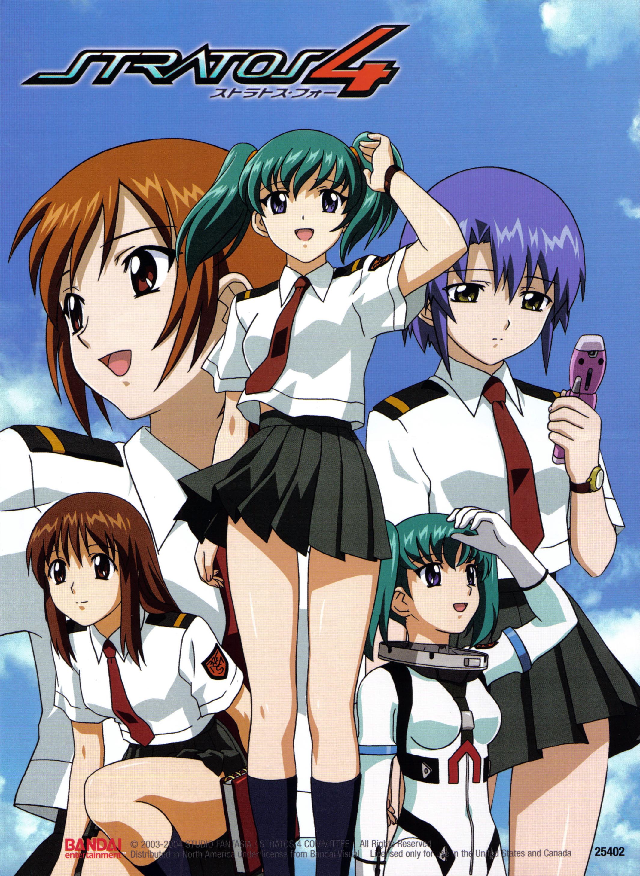 yamauchi noriyasu, doi shizuha, honjou mikaze, kikuhara karin, nakamura ayamo, stratos 4, looking away, absurdres, highres, official art, scan, 00s, 2003, 2004, 4girls, :d, adjusting hair, aqua hair, arm up, black socks, blue eyes, blue hair, bodysuit, brown eyes, brown hair, cellphone, cloud, copyright name, day, dual persona, frown, gloves, grey eyes, hair between eyes, holding, kneehighs, kneeling, leaning forward, light smile, long hair, looking down, miniskirt, multiple girls, necktie, notebook, open mouth, outdoors, parted bangs, phone, pleated skirt, poster (medium), red eyes, red necktie, school uniform, scrunchie, serafuku, shading eyes, shirt, short twintails, sidelocks, skirt, sky, smile, socks, spacesuit, split mouth, standing, swept bangs, twintails, watch, watermark, wind, wind lift, wristwatch