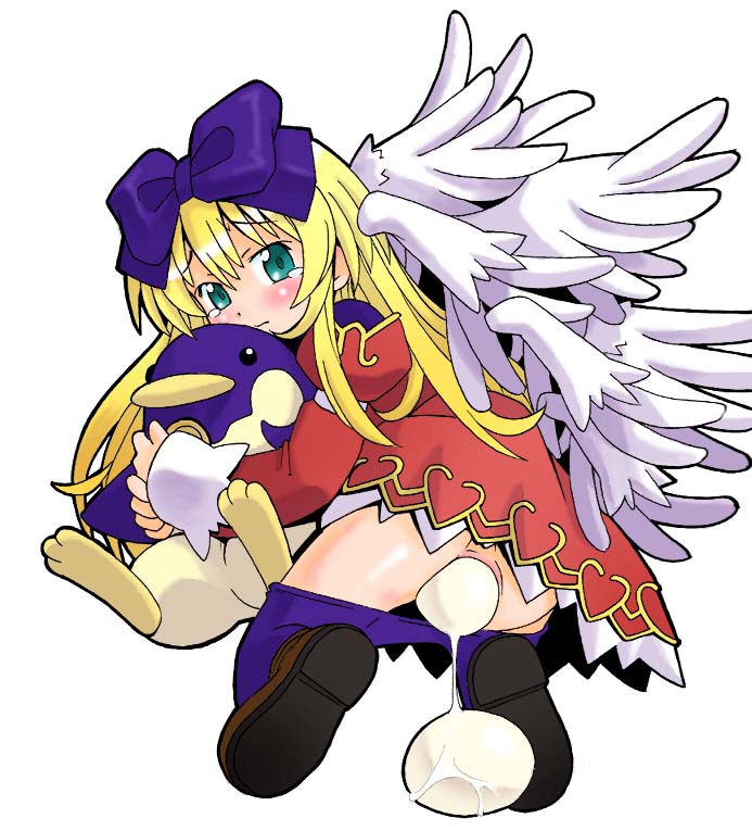 aruma (shinrabanshou), shinrabanshou, artist request, 1girl, angel wings, blonde hair, blush, bow, dress, egg, egg laying, feathered wings, female focus, green eyes, large insertion, loli, long hair, object insertion, pantyhose, simple background, solo, stuffed animal, stuffed toy, tears, vaginal, vaginal object insertion, wings