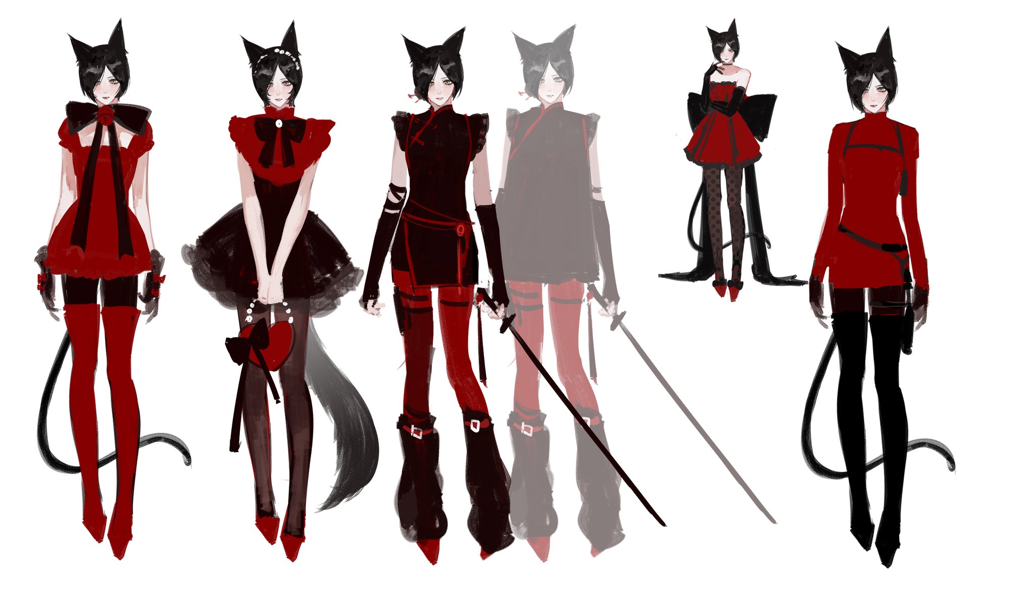 mofa shuimu jiang, ada wong, resident evil, resident evil 4, highres, alternate costume, animal ears, back bow, black boots, black bow, black gloves, black hair, black pantyhose, boots, bow, cat ears, cat girl, cat tail, dress, elbow gloves, full body, gloves, hand on own face, holding, holding sword, holding weapon, kemonomimi mode, mandarin collar, multiple views, pantyhose, parted bangs, red boots, red dress, red pantyhose, short hair, sword, tail, thigh boots, turtleneck, turtleneck dress, v arms, weapon, white background