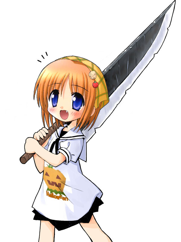 suka, waha, yamato suzuran, suigetsu, third-party edit, 1girl, :d, blue eyes, fang, female focus, flower, lily of the valley, open mouth, orange hair, sailor, short hair, smile, solo, sword, weapon