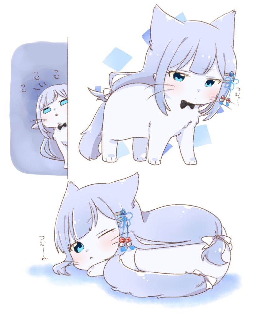 hutaba, shiraishi tsumugi, idolmaster, idolmaster million live!, idolmaster million live! theater days, animal, animalization, blue eyes, blue hair, cat, closed mouth, dot mouth, hair ornament, hairclip, long hair, low-tied long hair, lying, multiple views, no humans, one eye closed, simple background, standing, white background
