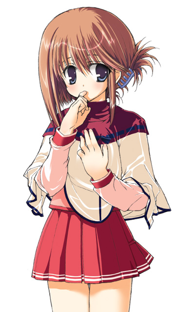 tololi, komaki manaka, to heart (series), to heart 2, 00s, 1girl, blue eyes, brown hair, eyes visible through hair, female focus, finger in own mouth, finger sucking, folded ponytail, hair ornament, hair up, hairclip, pleated skirt, school uniform, serafuku, skirt, solo