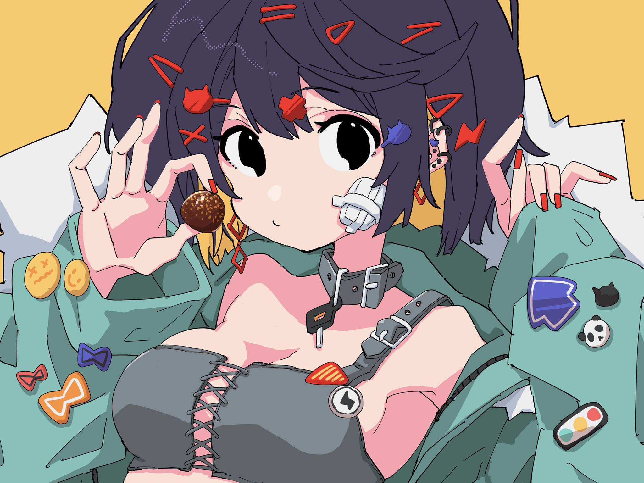 3774., original, highres, 1girl, animal collar, aqua coat, badge, bare shoulders, black eyes, black hair, bra, breasts, button badge, chocolate, choker, closed mouth, coat, collar, cross-laced bra, ear piercing, expressionless, fingernails, food, fur-trimmed hood, fur trim, grey bra, grey choker, hair ornament, hairclip, hairpin, hands up, holding, holding food, hood, hood down, hooded coat, lightning bolt, lightning bolt hair ornament, lightning bolt symbol, long fingernails, long sleeves, looking at viewer, nail polish, no nose, open clothes, open coat, piercing, pinching sleeves, red nails, short hair, sideboob, single strap, small breasts, solo, twintails, underwear, upper body, yellow background