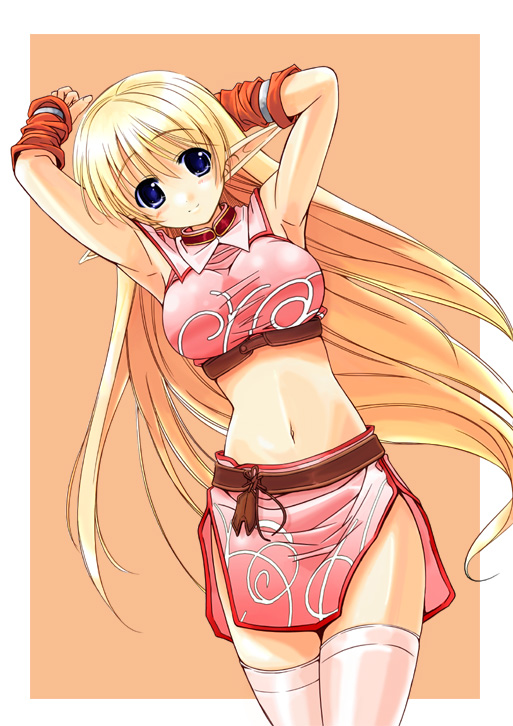 aokawa daisuke, lineage, 1girl, armpits, arms up, belt, blonde hair, blue eyes, breasts, crop top, elf, female focus, large breasts, long hair, midriff, navel, pink thighhighs, pointy ears, shirt, simple background, solo, taut clothes, taut shirt, thighhighs