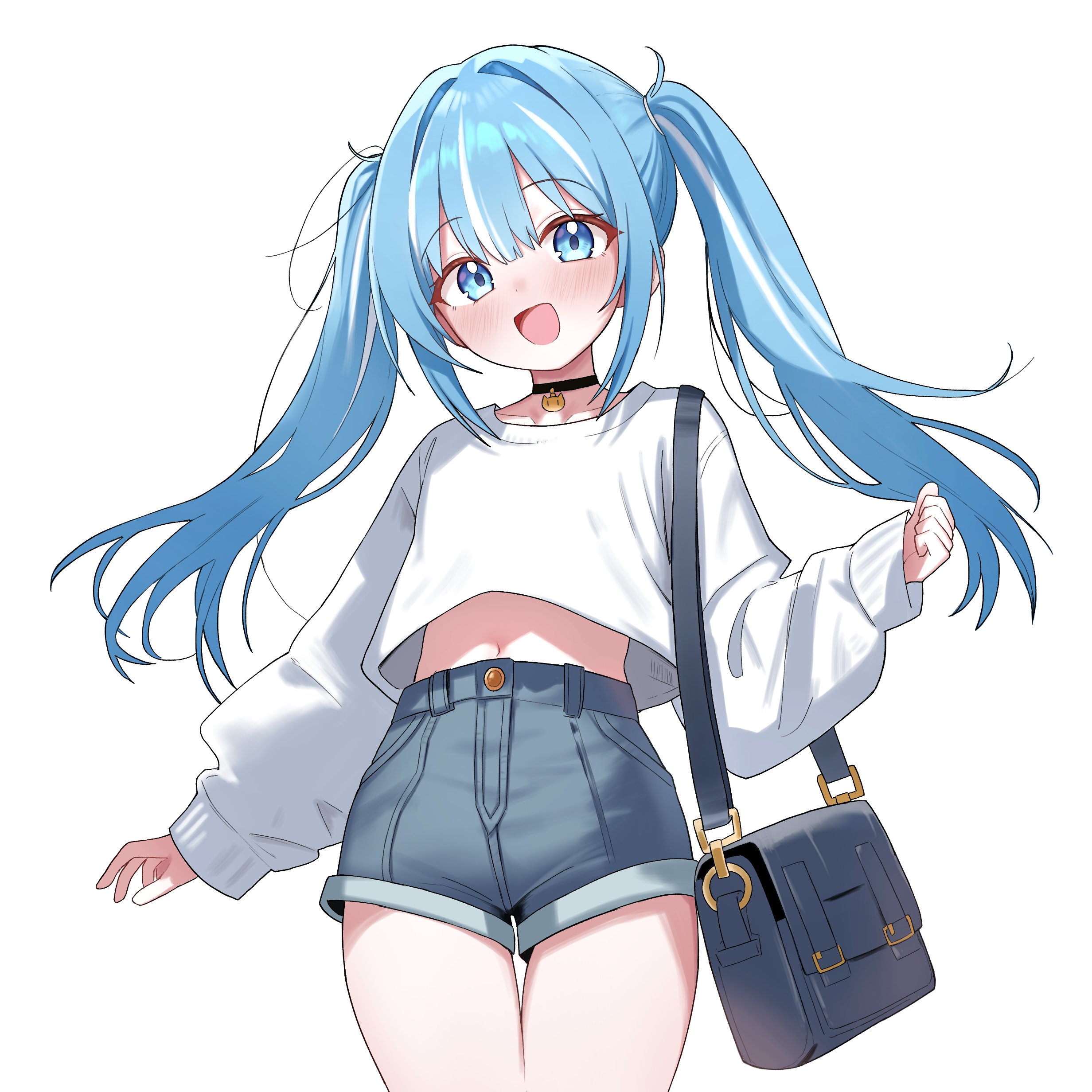 saho 4545, arahashi tabi, stellive, absurdres, highres, 1girl, bag, black choker, blue eyes, blue hair, blue shorts, choker, cowboy shot, crop top, crop top overhang, denim, denim shorts, long hair, long sleeves, looking at viewer, midriff, multicolored hair, navel, open mouth, puffy long sleeves, puffy sleeves, shirt, short shorts, shorts, shoulder bag, sidelocks, smile, solo, streaked hair, thighs, twintails, virtual youtuber, white shirt