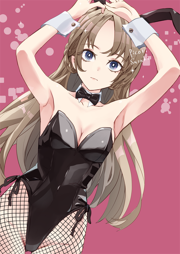 pikori, original, 1girl, animal ear hairband, animal ears, arms up, bikini, black bow, black bowtie, black leotard, blue eyes, bow, bowtie, breasts, brown hair, cleavage, cowboy shot, detached collar, fake animal ears, fishnet pantyhose, fishnets, hairband, leotard, medium breasts, pantyhose, pink background, playboy bunny, rabbit ears, rabbit tail, side-tie bikini bottom, solo, strapless, strapless leotard, swimsuit, tail, wrist cuffs