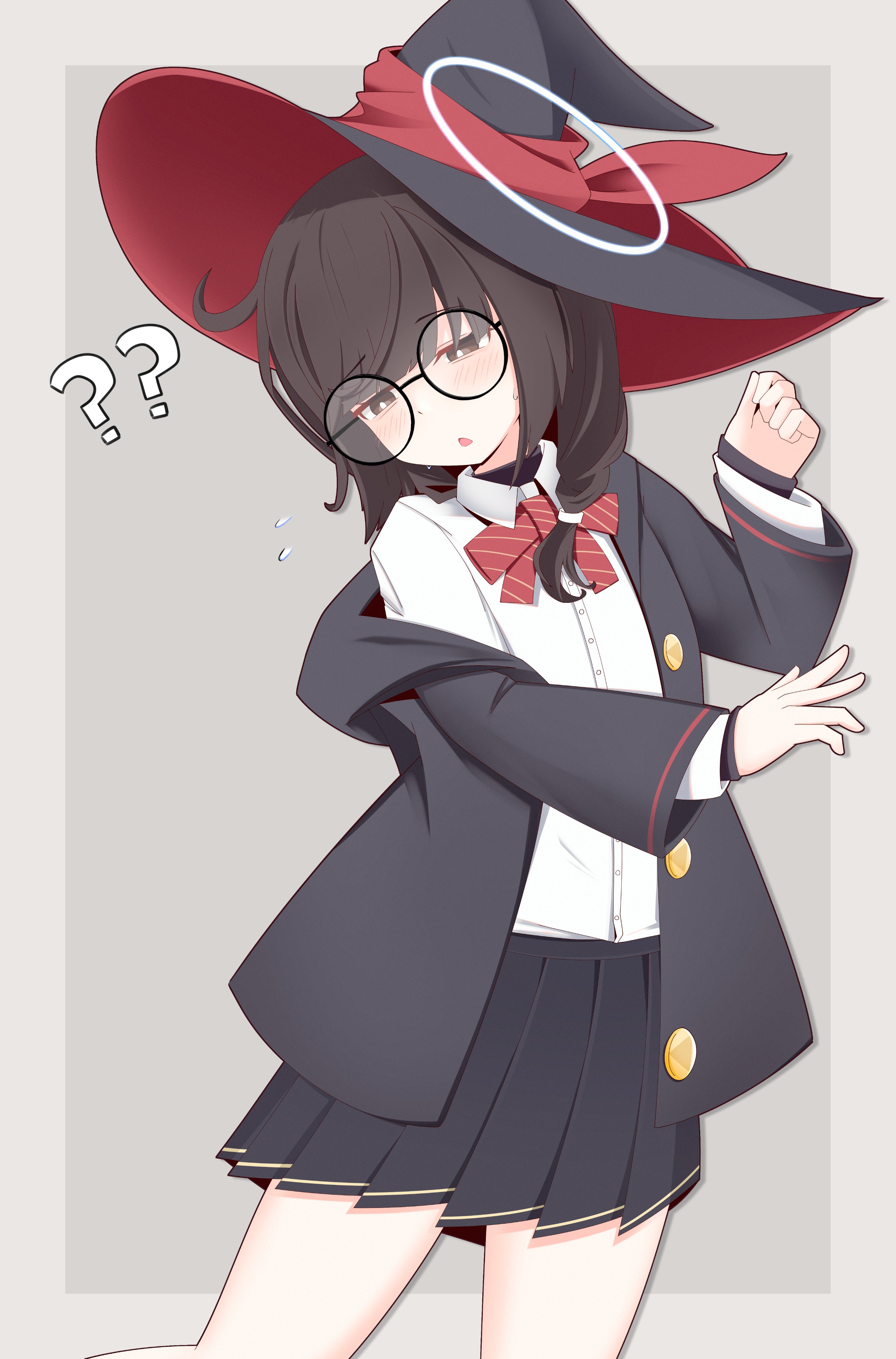 floppy size (artist), eri (blue archive), millennium science school student (blue archive), millennium science school student a (blue archive), blue archive, absurdres, commentary request, highres, 1girl, ?, ??, black jacket, black skirt, black undershirt, border, bow, bowtie, braid, brown eyes, brown hair, cosplay, cowboy shot, diagonal-striped bow, diagonal-striped bowtie, diagonal-striped clothes, dress shirt, eri (blue archive) (cosplay), flying sweatdrops, glasses, grey background, halo, hat, jacket, light blush, medium hair, open mouth, outside border, pleated skirt, red bow, red bowtie, round eyewear, shirt, side braid, side halo, skirt, solo, squinting, striped bow, striped bowtie, striped clothes, tilted halo, white halo, white shirt, witch hat