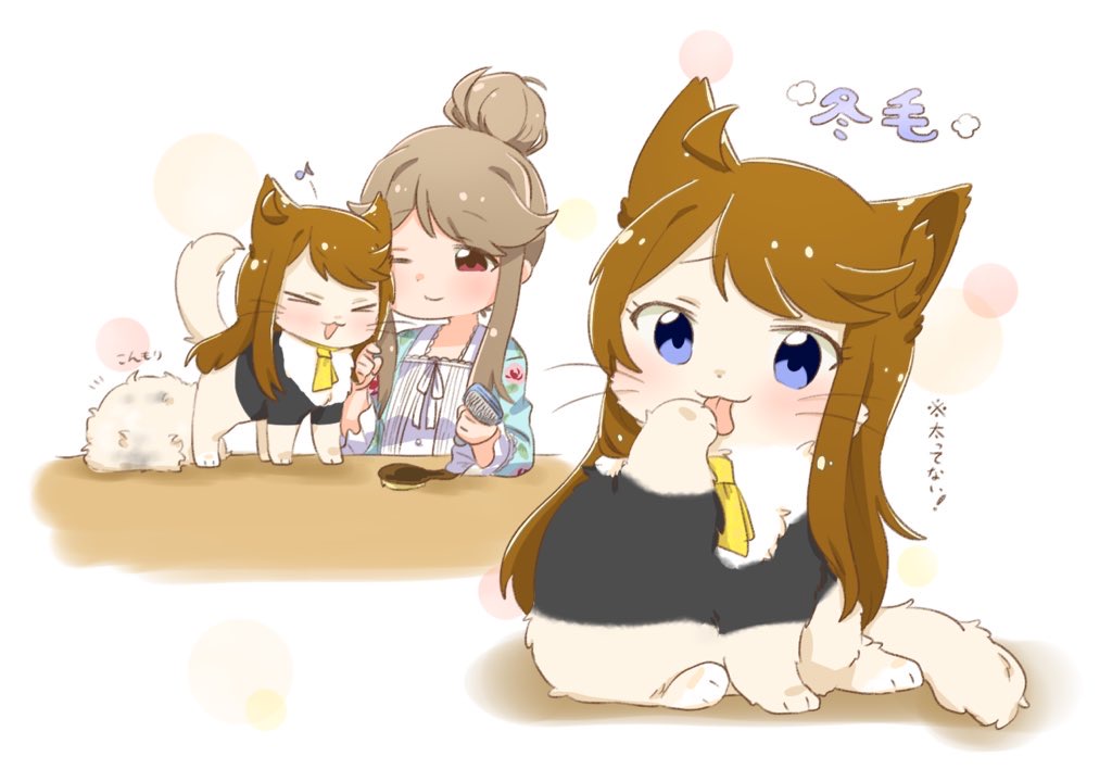 hutaba, tenkuubashi tomoka, tokoro megumi, idolmaster, idolmaster million live!, > <, 1girl, :p, ahoge, animal, animalization, blue eyes, brown eyes, brown hair, cat, closed mouth, hair bun, licking paw, long hair, multiple views, one eye closed, single hair bun, sitting, smile, tongue, tongue out