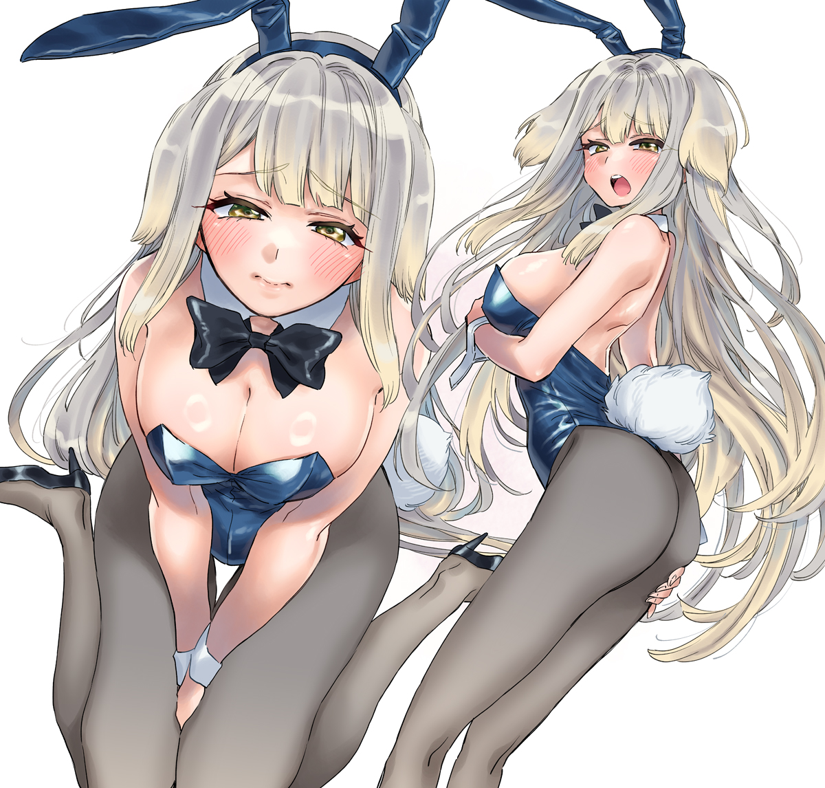 takanashi ringo, shioriha ruri, nijisanji, commentary request, 1girl, animal ear hairband, animal ears, ass, black leotard, blue leotard, bow, bowtie, brown eyes, detached collar, dog ears, fake animal ears, feet out of frame, grey hair, grey pantyhose, hairband, leotard, long hair, looking at viewer, multiple views, pantyhose, playboy bunny, rabbit ears, rabbit tail, simple background, sitting, strapless, strapless leotard, tail, v arms, virtual youtuber, wariza, white background, wrist cuffs