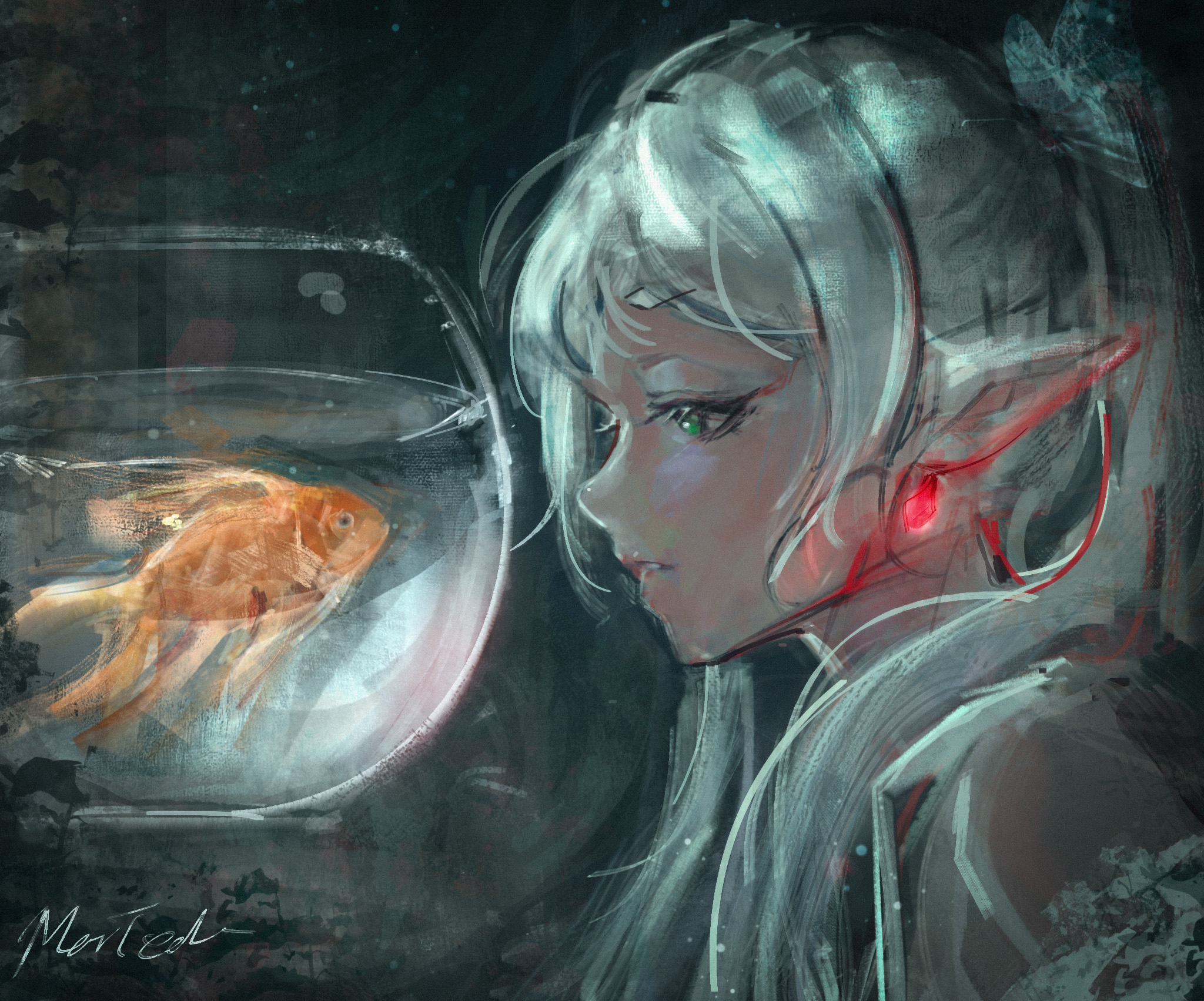 frieren, sousou no frieren, commentary, highres, 1girl, earrings, elf, fish, fishbowl, from side, goldfish, green eyes, jewelry, lips, long hair, morted art, painterly, parted lips, pointy ears, portrait, profile, signature, solo, teardrop earrings, twintails, white hair