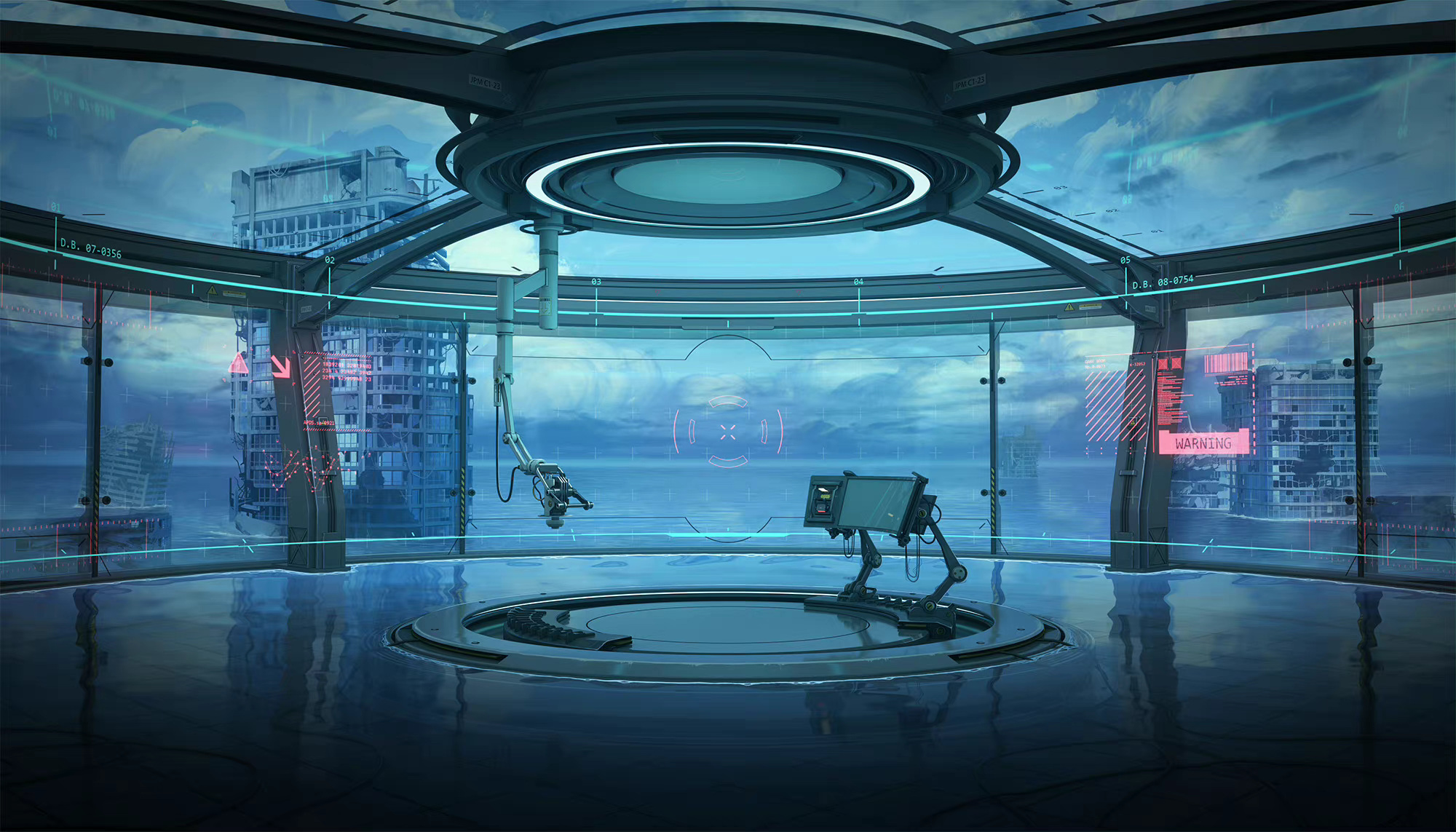 mangshuo, black surge night, chinese commentary, highres, official art, biometric scanner, building, cloud, crosshair, day, glass ceiling, glass wall, holographic interface, indoors, no humans, reflective floor, scenery, science fiction, skyscraper