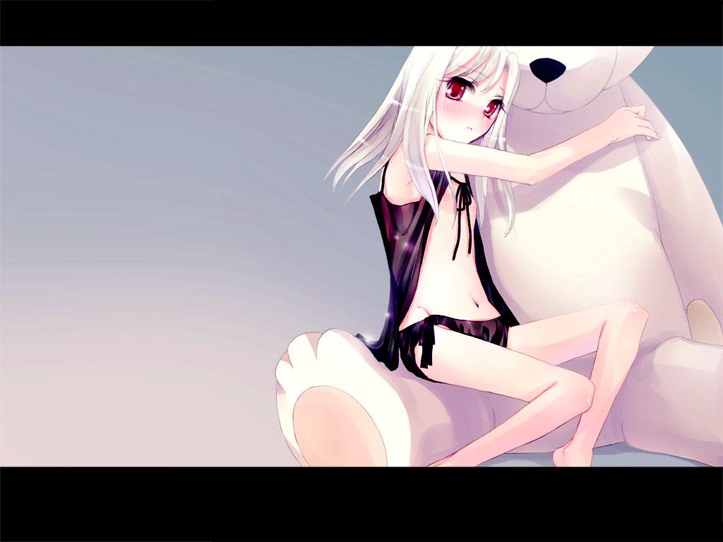 mignon, schmooze, illyasviel von einzbern, fate/stay night, fate (series), 00s, 1girl, bear, black panties, female focus, flat chest, letterboxed, lingerie, loli, nipples, no pants, panties, side-tie panties, solo, stuffed animal, stuffed toy, teddy bear, underwear