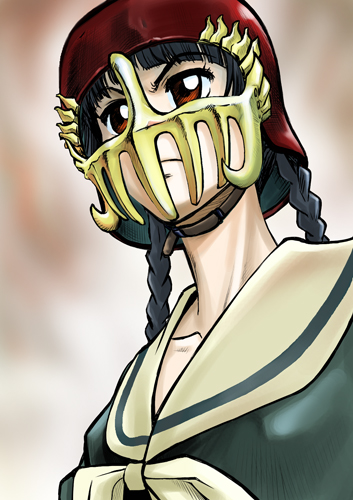 jagi, shimazu yoshino, hokuto no ken, maria-sama ga miteru, lowres, cosplay, mask, school uniform, serafuku, solo