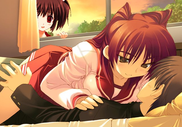 amazuyu tatsuki, kousaka tamaki, yuzuhara konomi, to heart, to heart (series), to heart 2, game cg, third-party edit, 00s, 1boy, 2girls, bed, clothed sex, empty eyes, girl on top, long hair, multiple girls, pleated skirt, red hair, school uniform, serafuku, sex, skirt, stalking, straddling, vaginal, window, yandere