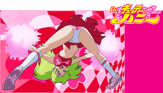 mochizuki anko, cutie honey (character), kisaragi honey, cutie honey, re: cutie honey, 00s, 1girl, ass, bent over, blue eyes, breasts, cheerleader, clothes writing, female focus, green hair, happy, heart, heart panties, heart print, kneehighs, long hair, looking back, midriff, miniskirt, navel, panties, pantyshot, pom pom (cheerleading), print panties, shoes, skirt, sneakers, socks, solo, spread legs, underwear, upskirt, white panties