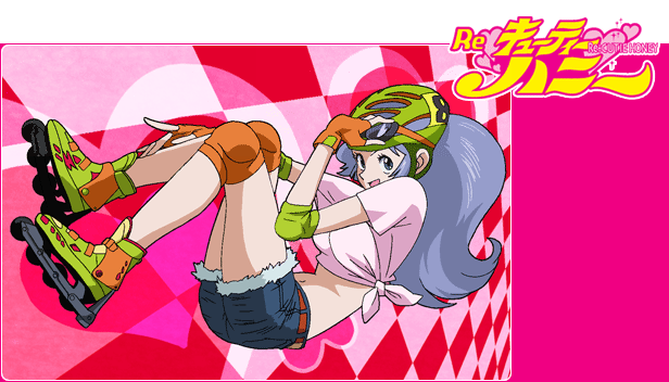 mochizuki anko, cutie honey (character), kisaragi honey, cutie honey, re: cutie honey, 00s, 1girl, blue eyes, blue hair, denim, denim shorts, elbow pads, female focus, gloves, helmet, inline skates, knee pads, long hair, matching hair/eyes, midriff, orange gloves, roller skates, shorts, shorts under skirt, skates, solo