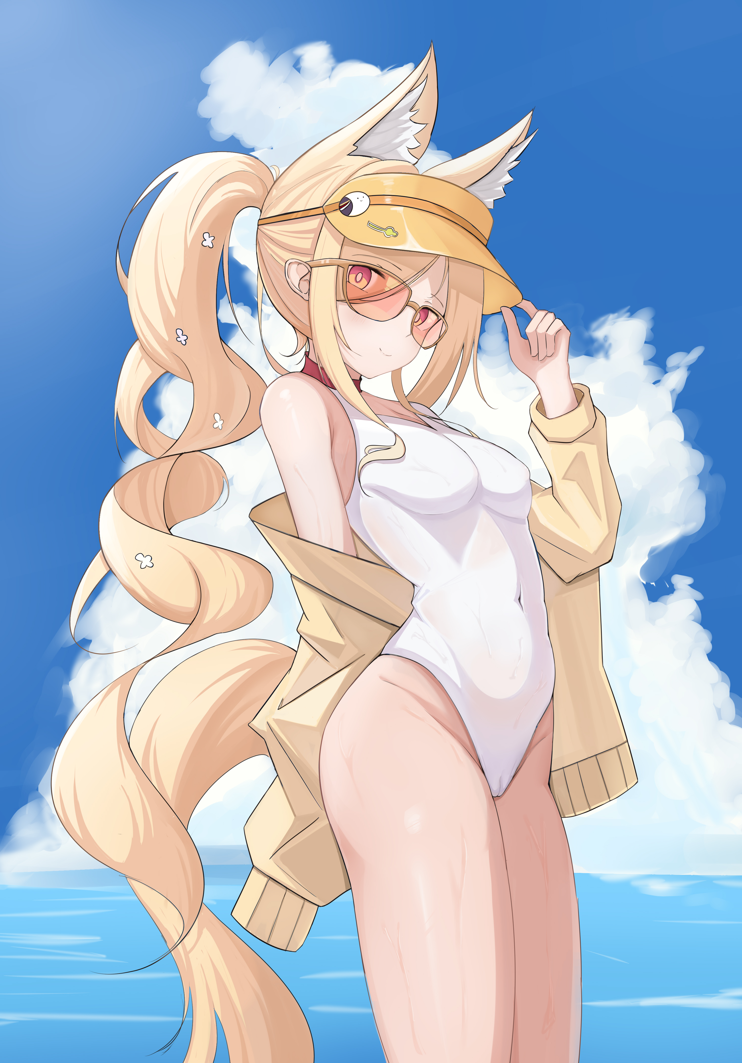xy (5285), seia (blue archive), seia (swimsuit) (blue archive), blue archive, absurdres, highres, 1girl, animal ear fluff, animal ears, blonde hair, blue sky, breasts, cloud, covered navel, cross halo, day, diamond cutout, fox ears, fox girl, fox tail, halo, highleg, highleg one-piece swimsuit, horizon, jacket, long hair, looking at viewer, ocean, official alternate costume, official alternate hairstyle, one-piece swimsuit, orange-tinted eyewear, orange eyes, outdoors, side ponytail, sky, small breasts, solo, sunglasses, swimsuit, tail, tinted eyewear, visor cap, water, white one-piece swimsuit, yellow halo, yellow jacket, yellow visor
