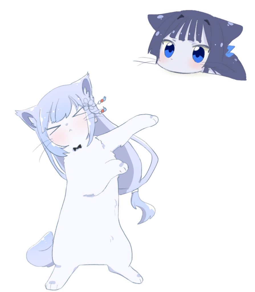 hutaba, mogami shizuka, shiraishi tsumugi, idolmaster, idolmaster million live!, idolmaster million live! theater days, > <, animal, animal focus, animalization, black bow, black bowtie, black hair, blue eyes, blue hair, bow, bowtie, cat, closed mouth, hair ornament, long hair, no humans, rearing, simple background, white background