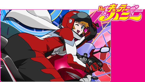 mochizuki anko, cutie honey (character), hurricane honey, kisaragi honey, cutie honey, re: cutie honey, vehicle, 00s, 1girl, bent over, biker clothes, bikesuit, black bodysuit, blonde hair, blue eyes, bodysuit, brown hair, female focus, gloves, helmet, motor vehicle, motorcycle, one eye closed, scarf, solo, wink