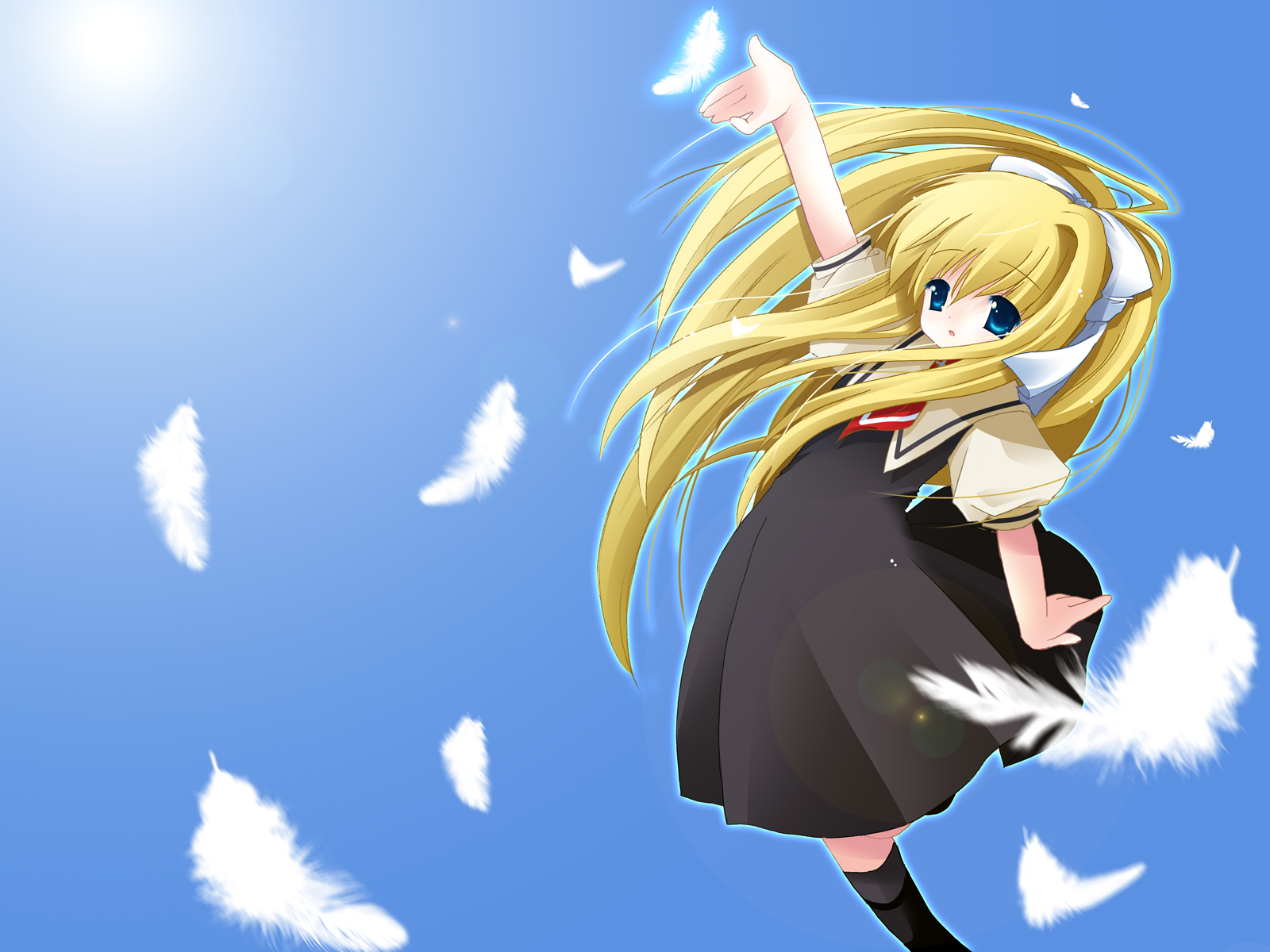 natsume eri, kamio misuzu, air (visual novel), highres, 00s, 1girl, arm up, black dress, blonde hair, blue background, blue eyes, bow, dress, feathers, female focus, hair bow, long hair, necktie, socks, solo, very long hair