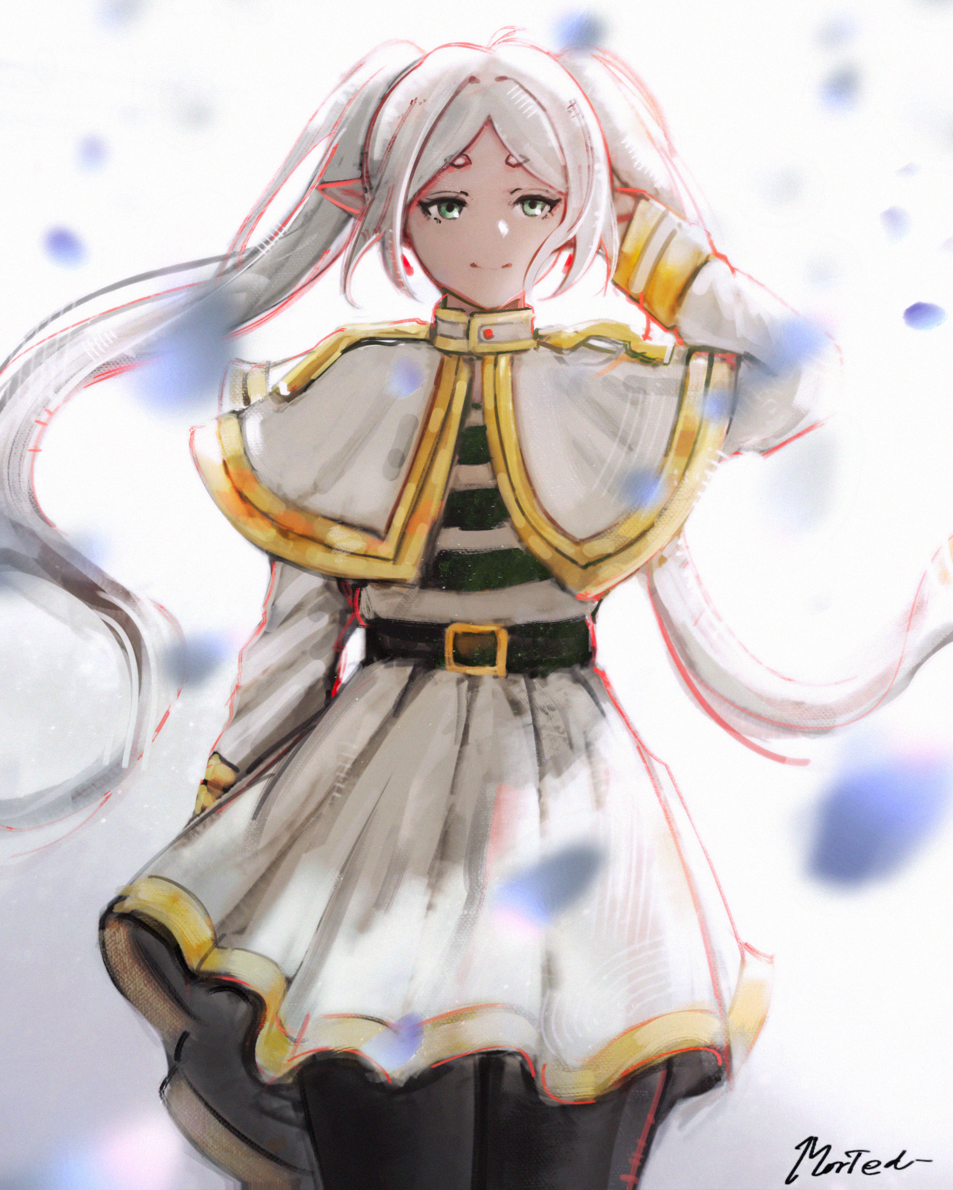 frieren, sousou no frieren, commentary, highres, 1girl, arm behind back, arm behind head, belt, black pantyhose, capelet, closed mouth, cowboy shot, earrings, elf, falling petals, gradient background, green eyes, hand up, jewelry, long hair, long sleeves, looking at viewer, morted art, pantyhose, parted bangs, petals, pleated skirt, pointy ears, shirt, signature, skirt, solo, striped clothes, striped shirt, teardrop earrings, twintails, white capelet, white hair, white shirt, white skirt