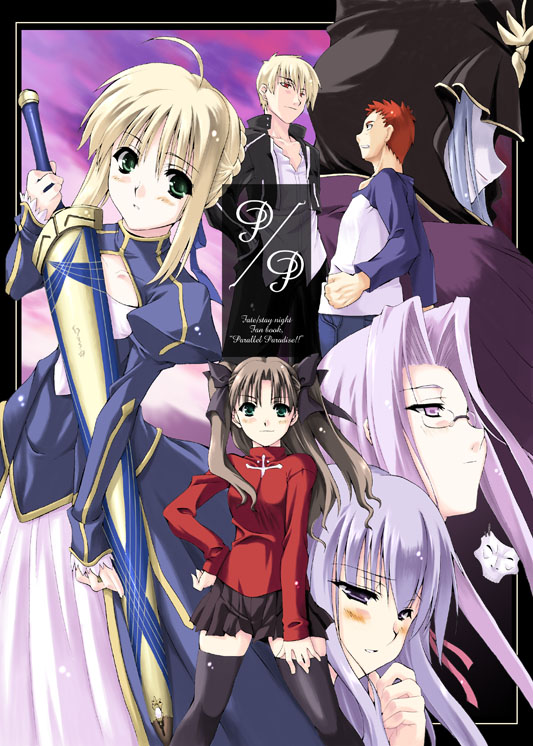 sakura nitouhei, artoria pendragon (fate), gilgamesh (fate), gilgamesh (immoral biker jacket) (fate), medea (caster) (fate), medea (fate), medusa (fate), medusa (rider) (fate), saber (fate), tohsaka rin, fate/stay night, fate (series), black legwear, light purple hair, 00s, 2boys, 5girls, ahoge, bad anatomy, blonde hair, blush, brown hair, cape, floating hair, glasses, hair intakes, hand on own hip, hood, jacket, long hair, looking down, looking up, multiple boys, multiple girls, official alternate costume, open mouth, pleated skirt, poorly drawn, puffy sleeves, red hair, short hair, skirt, square pupils, sword, thighhighs, turtleneck, very long hair, weapon, zettai ryouiki