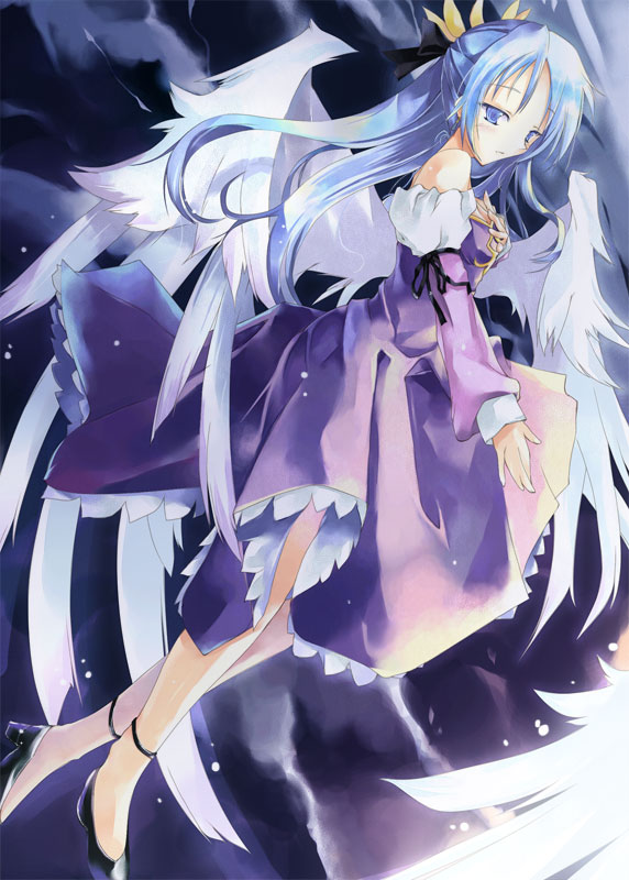hinoto, claudia (shinrabanshou), shinrabanshou, 1girl, bare shoulders, blue eyes, blue hair, detached sleeves, dress, female focus, half updo, long hair, matching hair/eyes, purple background, purple dress, purple theme, ribbon, shoes, solo, wings