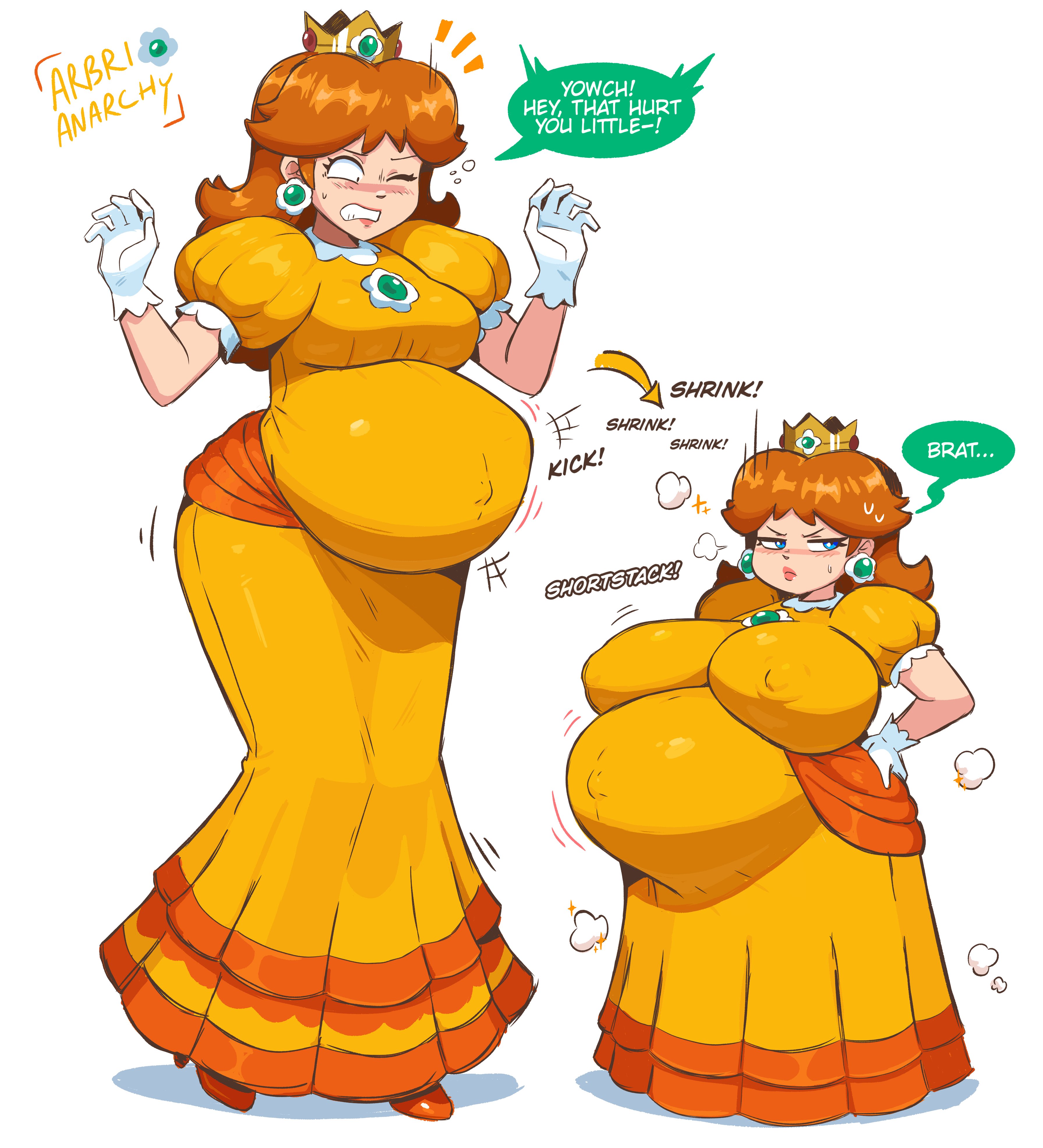 arbrianarchy, princess daisy, mario (series), nintendo, absurdres, commentary, english commentary, highres, 1girl, artist name, belly, big belly, blue eyes, breasts, breasts apart, brooch, brown hair, closed mouth, covered erect nipples, crown, dress, ear piercing, english text, fetal movement, flower brooch, frilled dress, frilled gloves, frilled sleeves, frills, gem, gigantic breasts, gloves, gold crown, green gemstone, hands on own hips, high heels, jewelry, medium breasts, medium hair, navel, nipples, open mouth, outie navel, piercing, puffy short sleeves, puffy sleeves, shadow, short sleeves, shrinking, solo, speech bubble, stomach, stomach kick, teeth, white background, wide-eyed