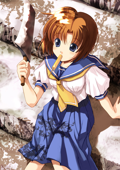 watari masahito, ryuuguu rena, higurashi no naku koro ni, 00s, 1girl, billhook, blue eyes, blue skirt, brown hair, female focus, food, hashitsuki nata, hatchet, holding, long skirt, mouth hold, nata (tool), pleated skirt, popsicle, puffy sleeves, school uniform, serafuku, shade, short hair, short sleeves, sitting, skirt, solo, stairs, weapon