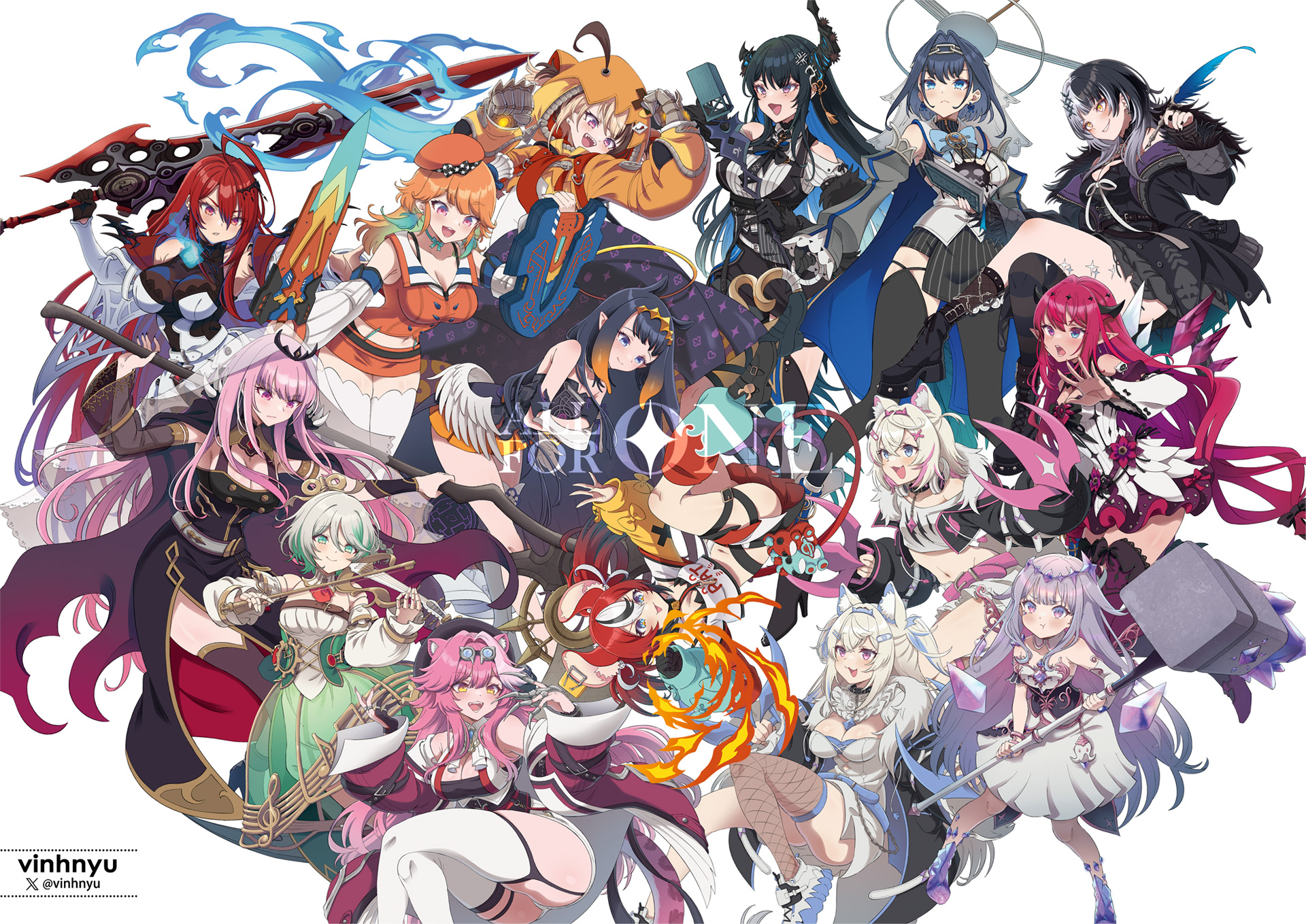vinhnyu, cecilia immergreen, cecilia immergreen (1st costume), elizabeth rose bloodflame, elizabeth rose bloodflame (1st costume), fuwawa abyssgard, fuwawa abyssgard (1st costume), gigi murin, gigi murin (1st costume), hakos baelz, hakos baelz (1st costume), irys (hololive), irys (irys 2.0) (hololive), koseki bijou, koseki bijou (1st costume), mococo abyssgard, mococo abyssgard (1st costume), mori calliope, mori calliope (1st costume), nerissa ravencroft, nerissa ravencroft (1st costume), ninomae ina'nis, ninomae ina'nis (1st costume), ouro kronii, ouro kronii (1st costume), raora panthera, raora panthera (1st costume), shiori novella, shiori novella (1st costume), takanashi kiara, takanashi kiara (1st costume), holoadvent, holojustice, hololive, hololive english, holomyth, holopromise, commentary, highres, symbol-only commentary, 6+girls, absolutely everyone, ahoge, animal ear fluff, animal ears, artist name, asymmetrical horns, bandaid, bandaid hair ornament, beret, black choker, black dress, black hair, black nails, blonde hair, blue eyes, blue fire, blue hair, blunt bangs, bow, bow choker, bow earrings, breasts, brown hair, chain, chain headband, chef hat, choker, cleavage, clothing cutout, coat, collar, colored inner hair, crystal wings, demon horns, detached collar, detached sleeves, dog ears, dog girl, doll joints, double halo, dress, earrings, everyone, feather-trimmed jacket, feather earrings, feathers, fire, fire on chest, flower, frilled shorts, frills, fur-trimmed coat, fur-trimmed jacket, fur trim, gem, gloves, goggles, goggles on head, gradient hair, green eyes, green hair, grey hair, hair intakes, hair ornament, hair through hood, hairband, halo, hammer, hat, headband, headphones, headphones around neck, heterochromia, holding, holding hammer, holding scythe, holding sword, holding weapon, hood, hoodie, horn flower, horn hairband, horns, huge ahoge, jacket, jewelry, joints, key, key necklace, large breasts, long hair, looking at viewer, mechanical halo, midriff, mini chef hat, miniskirt, mole, mole under eye, mouse ears, mouse girl, mouse tail, mousetrap, multicolored hair, multiple girls, multiple hats, navel, necklace, open mouth, orange hair, orange hat, orange hood, orange hoodie, panther ears, panther girl, panther tail, pink eyes, pink hair, pink hairband, pink headband, pointy ears, purple eyes, purple gemstone, purple hair, red eyes, red hair, ribbon earrings, scythe, shirt, short hair, shorts, siblings, sidelocks, simple background, sisters, skirt, smile, spiked collar, spikes, split-color hair, star halo, streaked hair, sword, tail, tassel, tassel hair ornament, tentacle hair, tentacles, thighhighs, thorn (elizabeth rose bloodflame), tiara, twins, twintails, twitter username, two-tone hair, uneven horns, veil, very long hair, virtual youtuber, weapon, white background, white dress, white hair, white shirt, winding key, wings, x hair ornament, yellow eyes