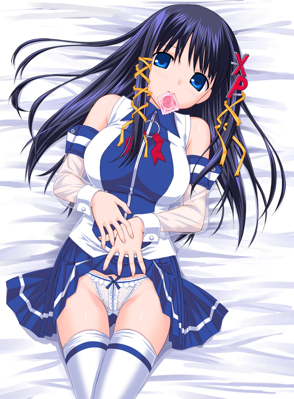 takayaki, xp-tan, os-tan, 1girl, black hair, blue eyes, blue skirt, blush, bow, bow panties, clothes lift, condom, condom in mouth, condom wrapper, crossed legs, detached sleeves, female focus, hair ribbon, lace, lace-trimmed panties, lace trim, long hair, lying, miniskirt, mouth hold, on back, panties, propositioning, ribbon, see-through clothes, shirt, sitting, skirt, skirt lift, sleeve cuffs, sleeveless, sleeveless shirt, solo, thigh gap, thighhighs, thighs, tress ribbon, underwear, upskirt, white thighhighs