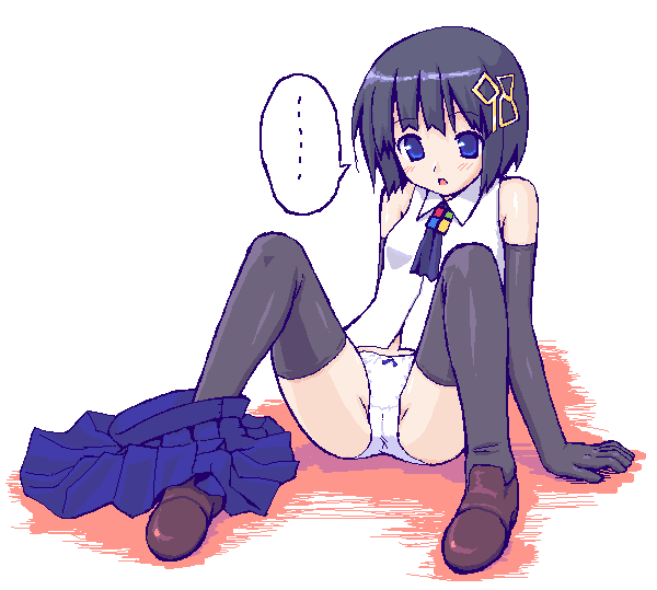 takayaki, 98-tan, os-tan, 1girl, black gloves, black hair, black thighhighs, blue eyes, blush, bob cut, bow, bow panties, elbow gloves, female focus, gloves, loli, miniskirt, no pants, panties, ribbon, short hair, sitting, skirt, solo, spread legs, thighhighs, underwear, undressing, vest