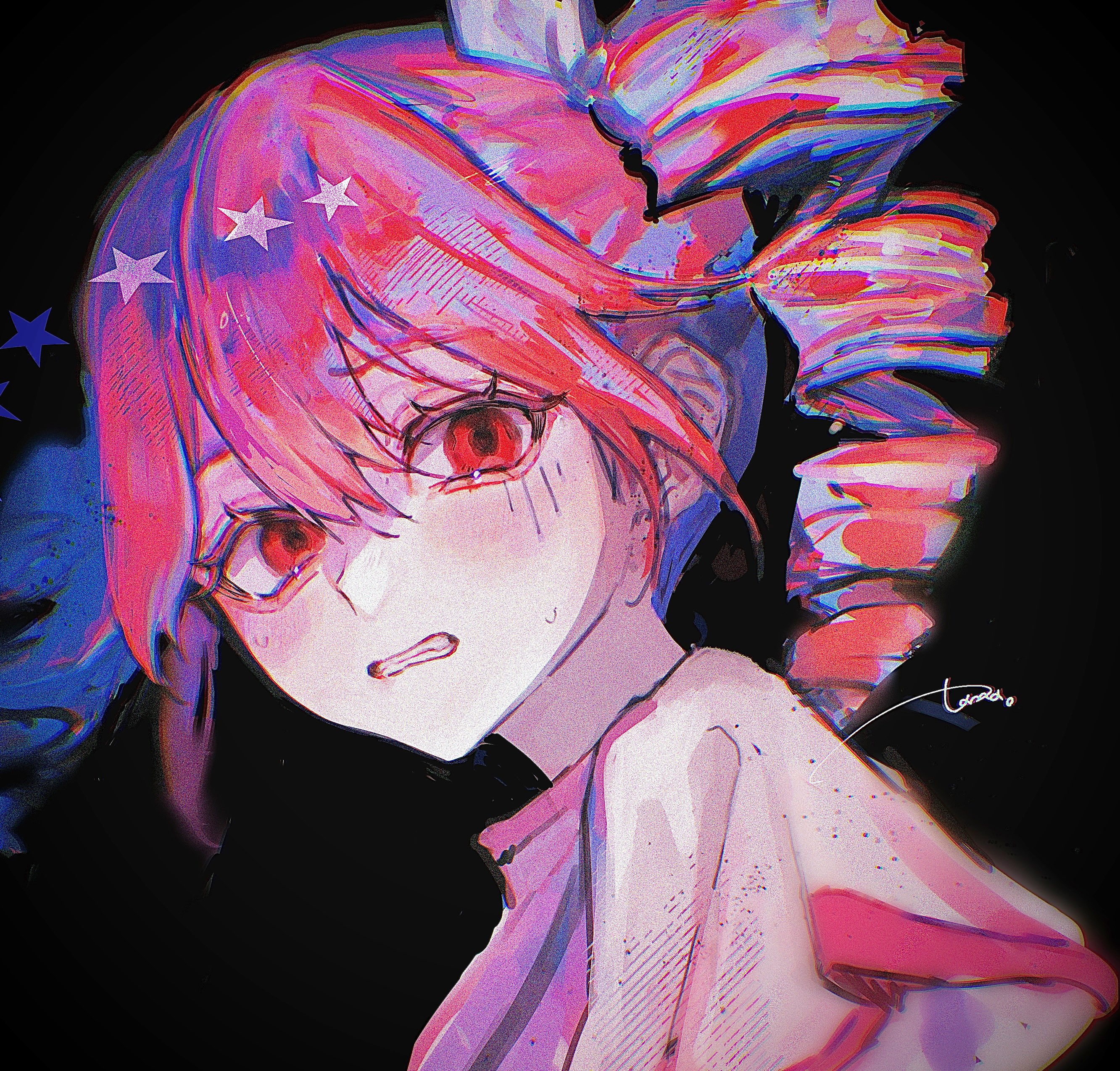 kinoeda tamase, kasane teto, kasane teto (sv), synthesizer v, utau, absurdres, highres, 1girl, black background, bow, clenched teeth, drill hair, gloom (expression), grey jacket, hair bow, jacket, looking at viewer, looking to the side, nervous sweating, open mouth, portrait, red eyes, red hair, short hair, sidelocks, signature, solo, star (symbol), sweat, teeth, twin drills