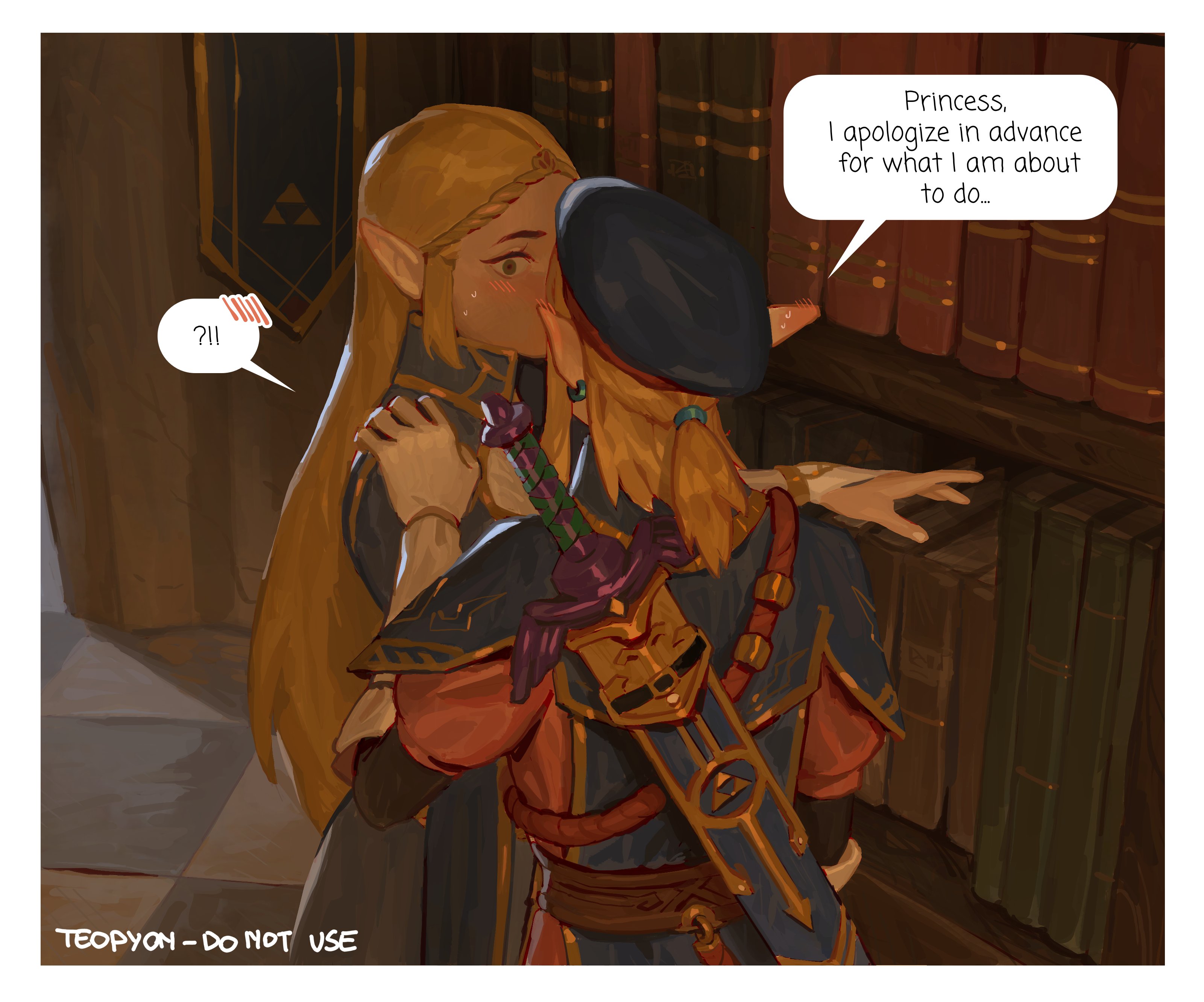 pyonteo, nintendo, the legend of zelda, the legend of zelda: breath of the wild, the legend of zelda: tears of the kingdom, absurdres, highres, !?, armor, artist name, beret, blonde hair, blue jacket, blush, bookshelf, border, braid, bridal gauntlets, crown braid, earrings, english text, gloves, hair tie, hand on another's shoulder, hat, jacket, jewelry, kiss, library, long hair, low ponytail, master sword, medium hair, military hat, military uniform, outstretched hand, parted bangs, poi, ponytail, royal guard set (zelda), shoulder armor, sidelocks, sweatdrop, triforce, upper body, weapon, weapon on back, white border, white gloves, wide-eyed