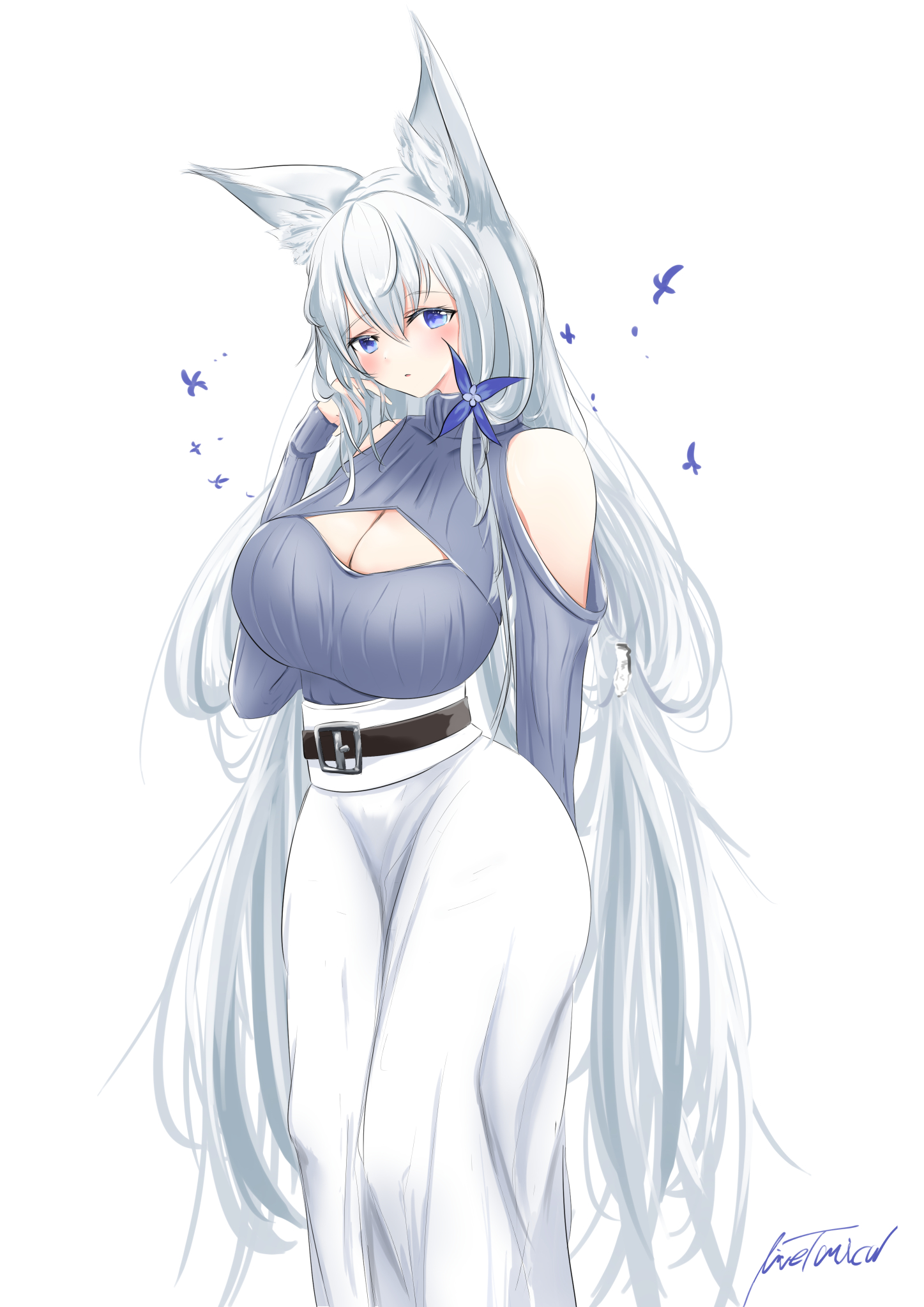 livetarica, shinano (azur lane), azur lane, commentary request, highres, 1girl, alternate costume, animal ear fluff, animal ears, bare shoulders, belt, black belt, blue eyes, breasts, cleavage, cleavage cutout, clothing cutout, feet out of frame, hand in own hair, high-waist skirt, huge breasts, long hair, looking at viewer, purple sweater, shoulder cutout, signature, skirt, solo, standing, sweater, turtleneck, turtleneck sweater, very long hair, white background, white hair, white skirt