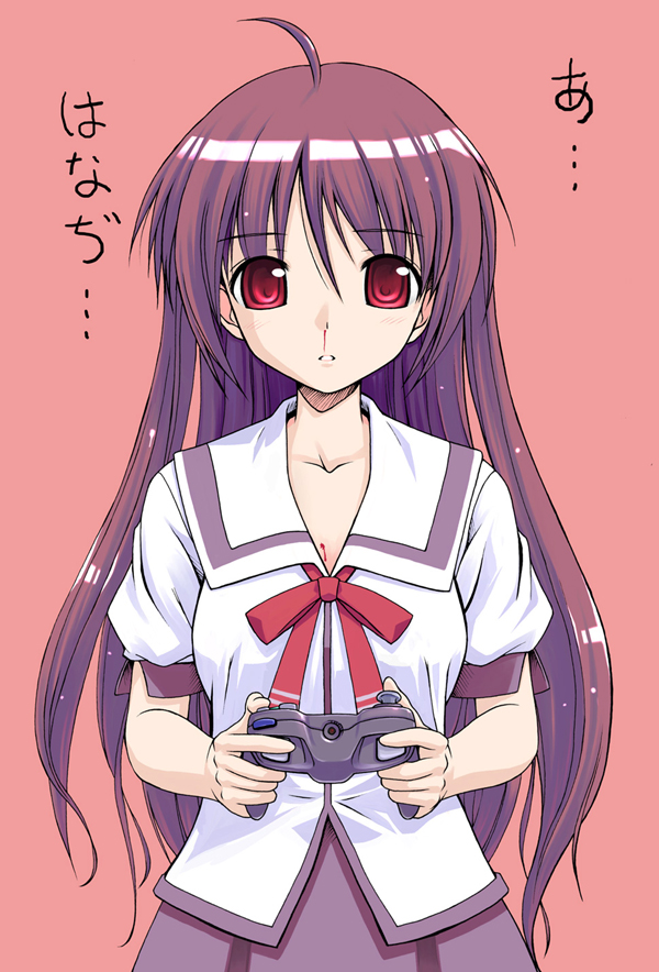 takayaki, iriya kana, iriya no sora ufo no natsu, 00s, 1girl, ahoge, blood, controller, female focus, game console, game controller, gamecube, iriya, long hair, nosebleed, pink background, playing games, purple hair, red eyes, solo, video game